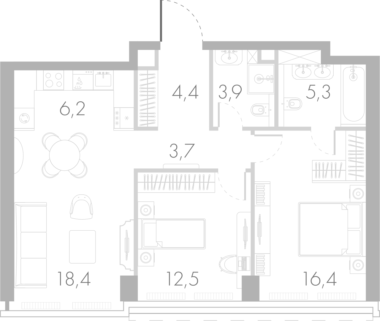 Трехкомнатная квартира евро планировки 70.8 м2 в ЖК River Park Towers  Кутузовский, Корпус Emerald