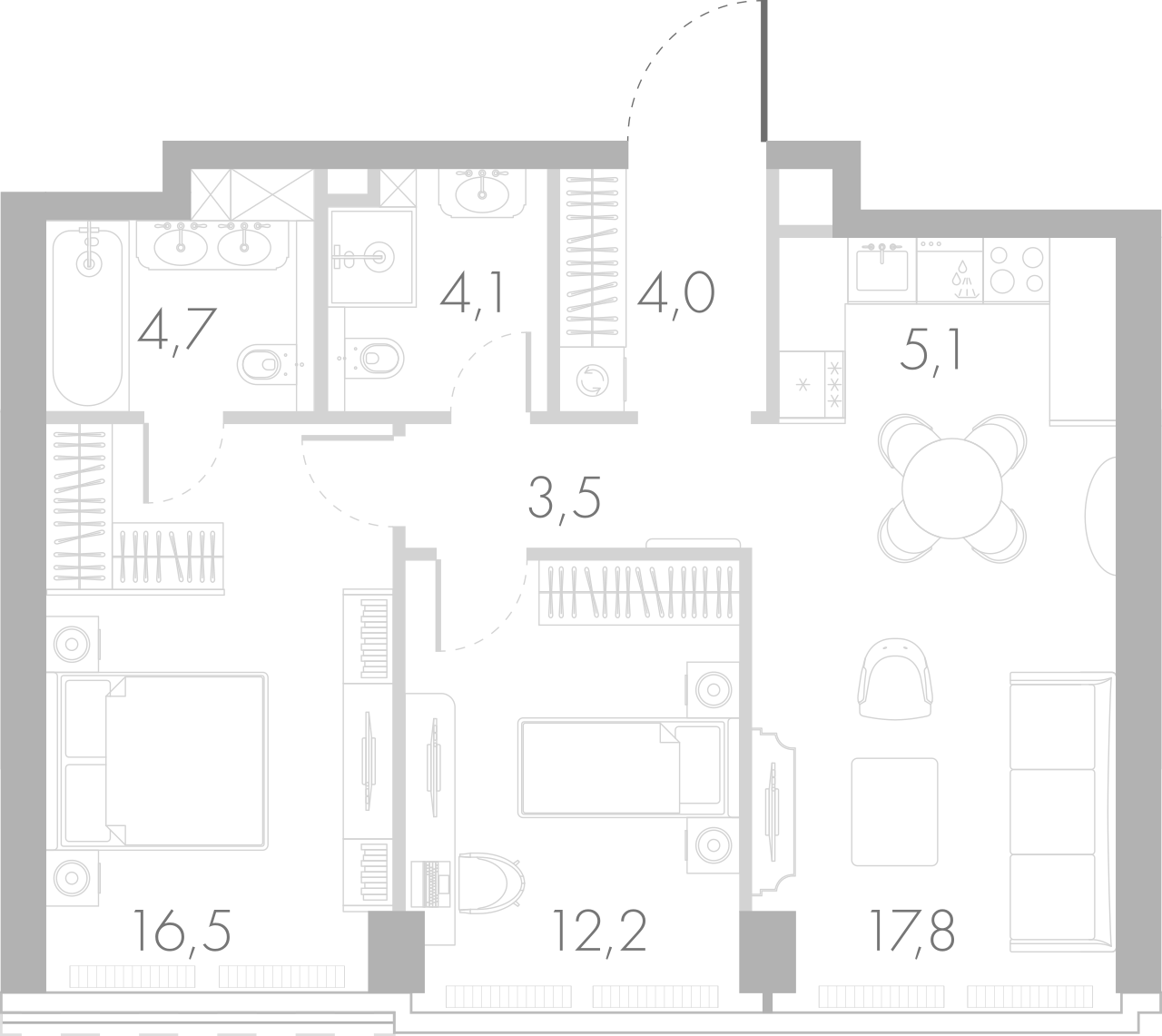 Трехкомнатная квартира евро планировки 67.9 м2 в ЖК River Park Towers  Кутузовский, Корпус Topaz